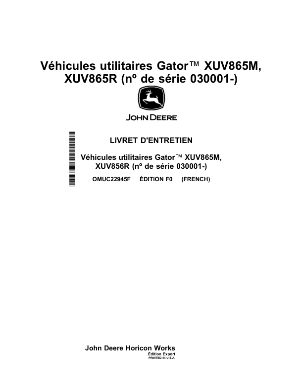 John Deere XUV865M XUV865R Gator Utility Vehicles (Serial No. 030001-) (Export Edition) Operator's Manual (OMUC22945) - Image 2