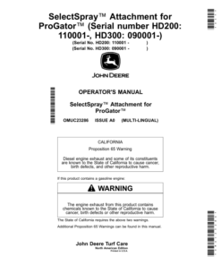 John Deere HD200, HD300 SelectSpray Attachment for ProGator (HD200 110001-, HD300 090001-) (North American) Operator's Manual (OMUC23286)