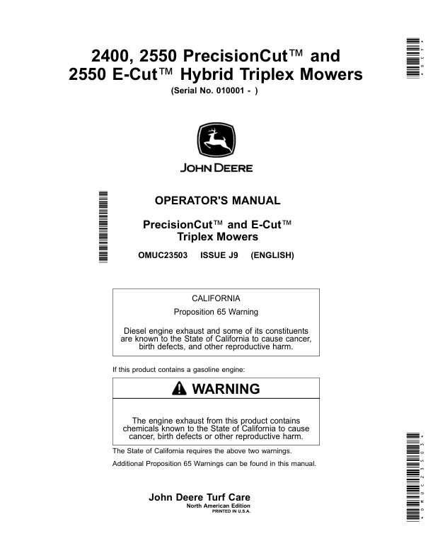 John Deere 2400, 2550 PrecisionCut, 2550 E-Cut Hybrid Triplex Mowers (Serial Number 010001-) (North American) Operator's Manual (OMUC23503)