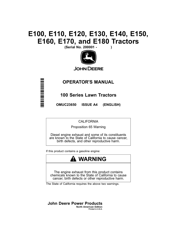 John Deere E100, E110, E120, E130, E140, E150, E160, E170, E180 Tractors Operator's Manual (OMUC23650)