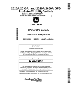 John Deere 2020A/2030A, 2020A/2030A GPS ProGator Utility Vehicle (North American) Operator's Manual (OMUC23665)