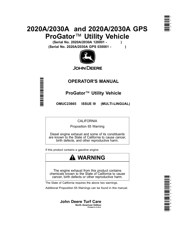 John Deere 2020A/2030A, 2020A/2030A GPS ProGator Utility Vehicle (North American) Operator's Manual (OMUC23665)