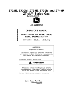 John Deere Z720E, Z735E, Z730M, Z735M, Z740R ZTrak Gas Mowers (010001-020000) (North American) Operator's Manual (OMUC23718)