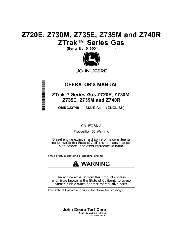 John Deere Z720E, Z735E, Z730M, Z735M, Z740R ZTrak Gas Mowers (010001-020000) (North American) Operator's Manual (OMUC23718)