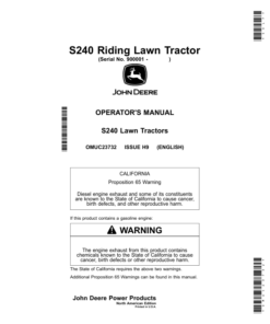 John Deere S240 Riding Lawn Tractor (900001-) (North American) Operator's Manual (OMUC23732)