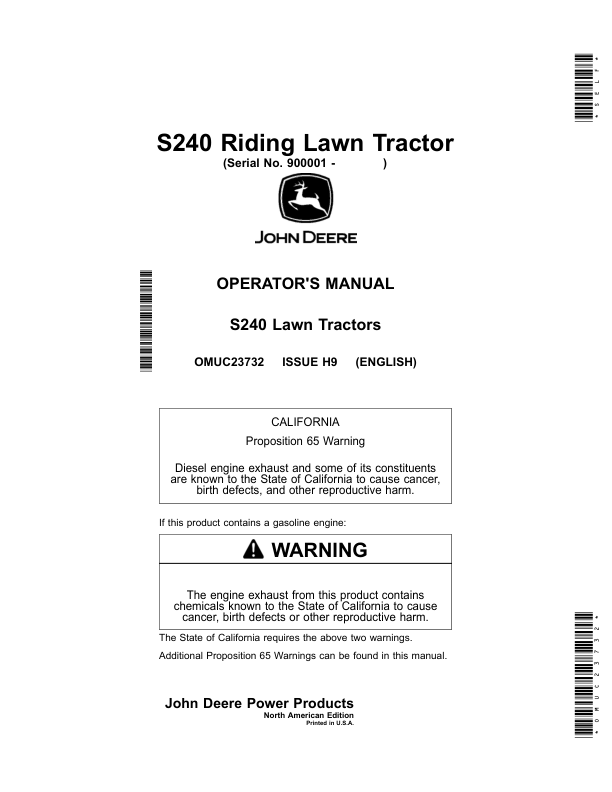 John Deere S240 Riding Lawn Tractor (900001-) (North American) Operator's Manual (OMUC23732)
