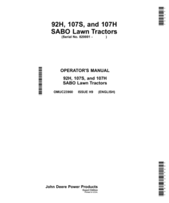 John Deere 92H, 107S, 107H SABO Lawn Tractors Operator's Manual (OMUC23960)