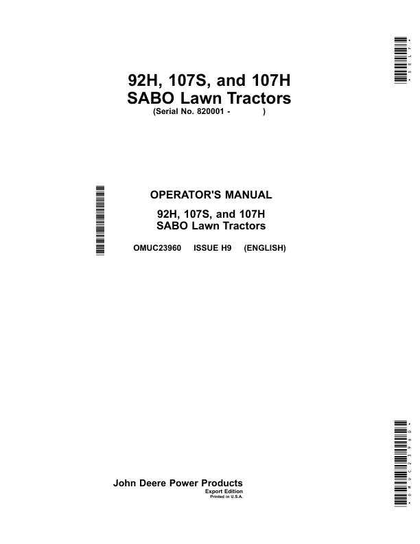 John Deere 92H, 107S, 107H SABO Lawn Tractors Operator's Manual (OMUC23960)