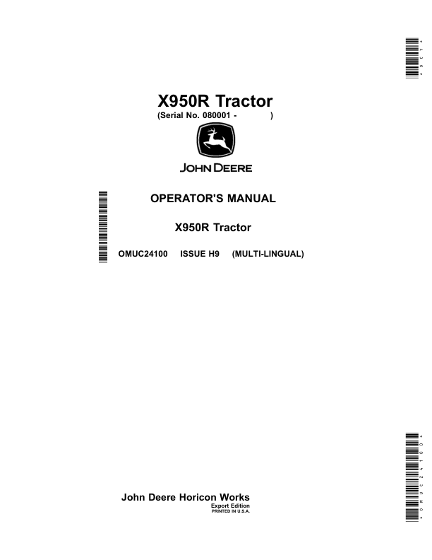John Deere X950R Tractor (Export Edition) Operator's Manual (OMUC24100)