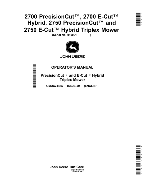 John Deere 2700 PrecisionCut, 2700 E-Cut Hybrid, 2750 PrecisionCut, 2750 E-Cut Hybrid Triplex Mower Operator's Manual (OMUC24435)
