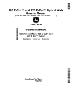 John Deere 180 E-Cut, 220 E-Cut Hybrid Walk GreensMower Operator's Manual (OMUC24566)
