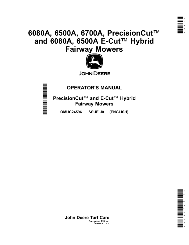 John Deere 6080A, 6500A, 6700A, PrecisionCut (030001-), 6080A, 6500A E-Cut (020001-) Hybrid Fairway Mowers Operator's Manual (OMUC24596)