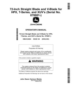 John Deere 72-Inch Straight Blade, V-Blade for HPX, T-Series, XUV’s (070001-) Operator's Manual (OMUC24694)