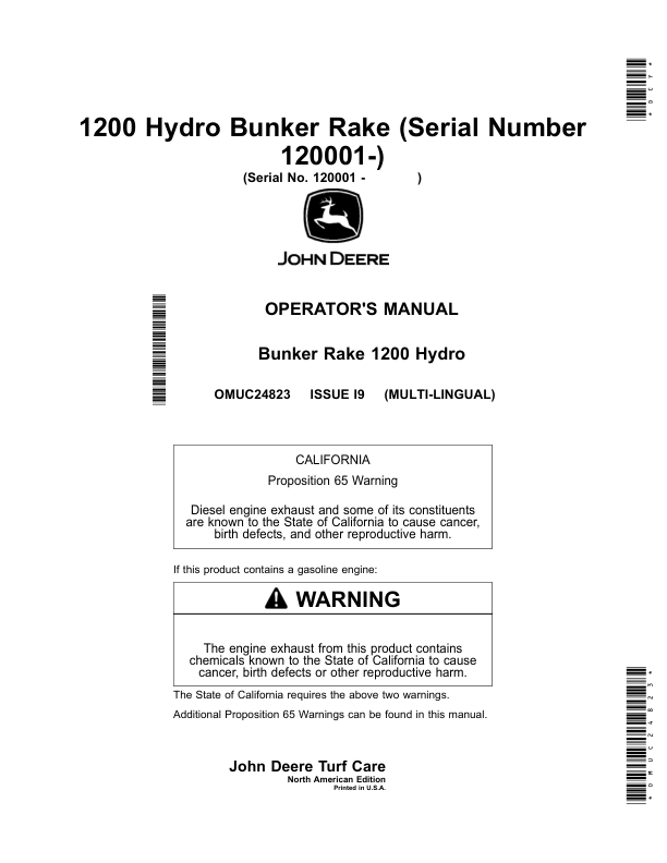 John Deere 1200 Hydro Bunker Rake (Serial Number 120001-) (North American) Operator's Manual (OMUC24823)