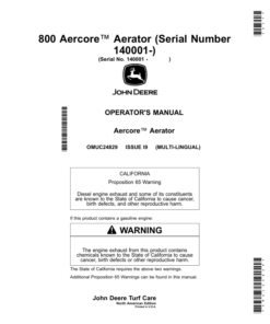 John Deere 800 Aercore Aerator (Serial Number 140001-) (North American) Operator's Manual (OMUC24829)