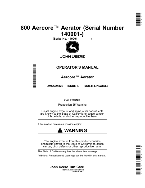 John Deere 800 Aercore Aerator (Serial Number 140001-) (North American) Operator's Manual (OMUC24829)