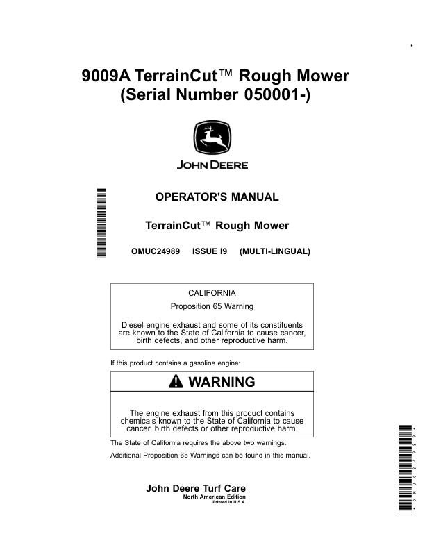 John Deere 9009A TerrainCut Rough Mower (050001-) (North America Edition) Operator's Manual (OMUC24989)