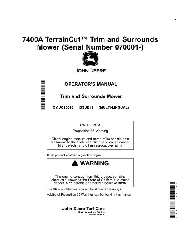John Deere 7400A TerrainCut Trim, Surrounds Mower (Serial Number 070001-) (North American) Operator's Manual (OMUC25016)