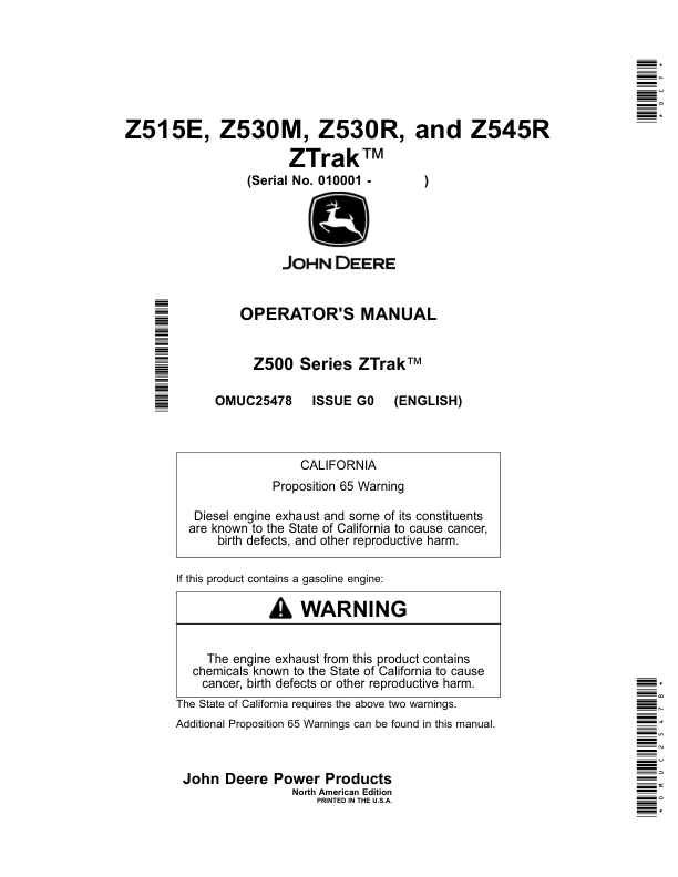 John Deere Z515E, Z530M, Z530R, Z545R ZTrak Operator's Manual (OMUC25478)