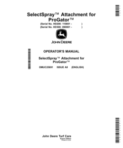 John Deere HD200, HD300 Select Spray Attachment for ProGator (Export to China) Operator's Manual (OMUC25691)