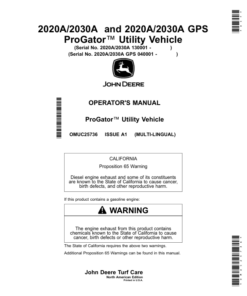 John Deere 2020A/2030A, 2020A/2030A GPS ProGator Utility Vehicle (North American) Operator's Manual (OMUC25736)