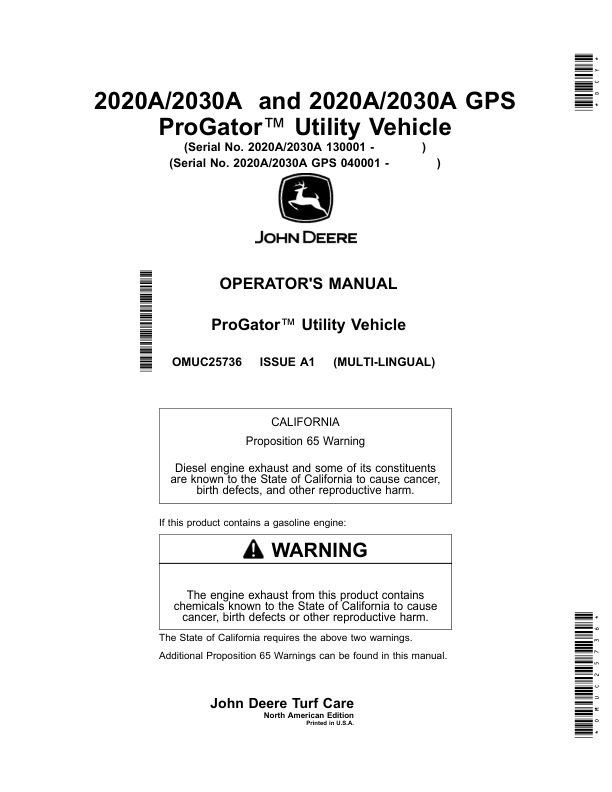 John Deere 2020A/2030A, 2020A/2030A GPS ProGator Utility Vehicle (North American) Operator's Manual (OMUC25736)
