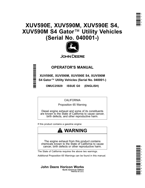 John Deere XUV590E, XUV590M, XUV590E S4, XUV590M S4 Gator Utility Vehicles (040001-) Operator's Manual (OMUC25929)