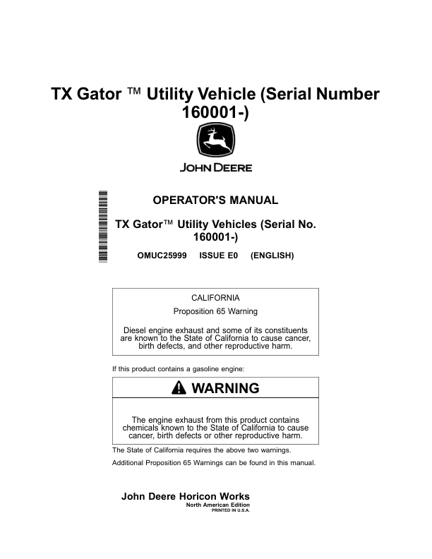 John Deere TX Gator Utility Vehicle (160001-) Operator's Manual (OMUC25999)