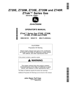 John Deere Z720E, Z730M, Z735E, Z735M, Z740R ZTrak Series Gas (030001-060000) (North American) Operator's Manual (OMUC26138)