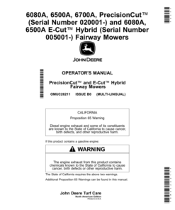 John Deere 6080A, 6500A, 6700A, PrecisionCut (Serial Number 020001-), 6080A, 6500A E-Cut Hybrid (Serial Number 005001-) Fairway Mowers (North American) Operator's Manual (OMUC26211)