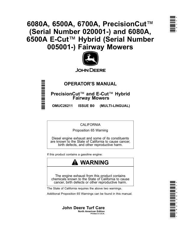John Deere 6080A, 6500A, 6700A, PrecisionCut (Serial Number 020001-), 6080A, 6500A E-Cut Hybrid (Serial Number 005001-) Fairway Mowers (North American) Operator's Manual (OMUC26211)