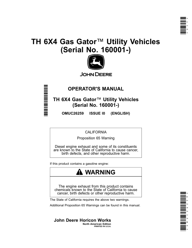 John Deere TH 6X4 Gas Gator Utility Vehicles (160001-) Operator's Manual (OMUC26259)