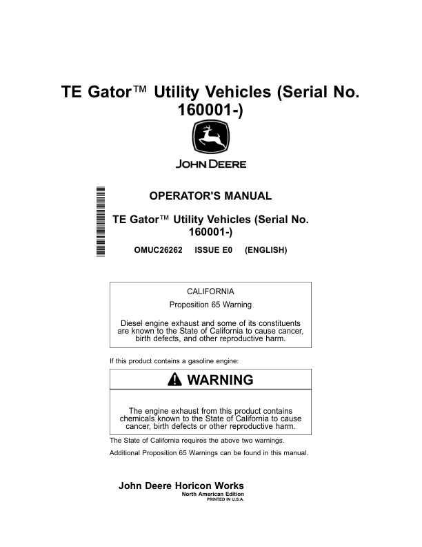 John Deere TE Gator Utility Vehicles (160001-) Operator's Manual (OMUC26262)