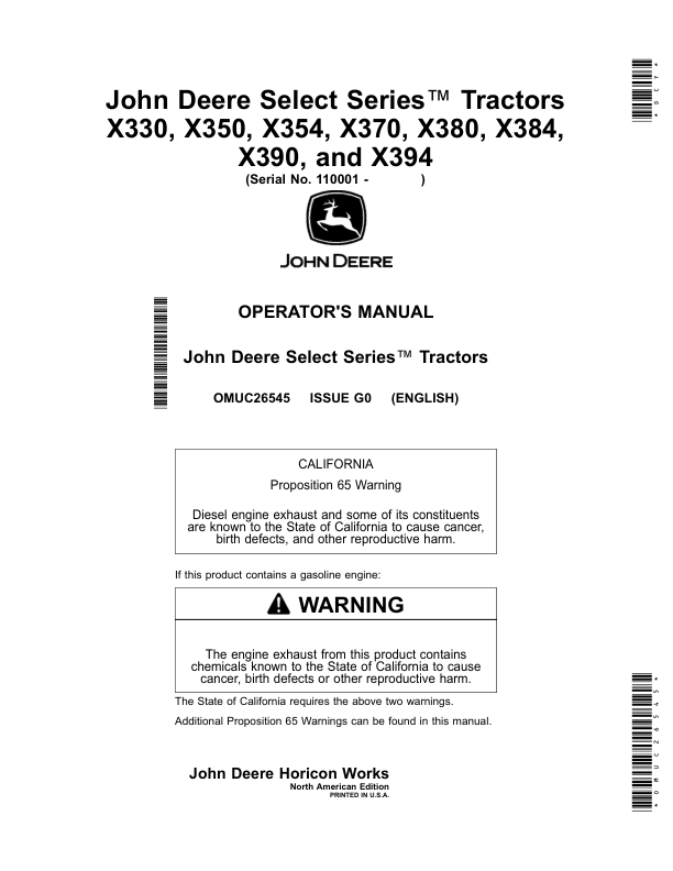 John Deere X330, X350, X354, X370, X380, X384, X390, X394 Select Series Tractors (110001-130000) (North American) Operator's Manual (OMUC26545)