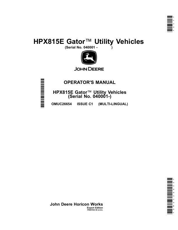 John Deere HPX815E Gator Utility Vehicles (Export Edition)(Serial No. 040001-) Operator's Manual (OMUC26654)