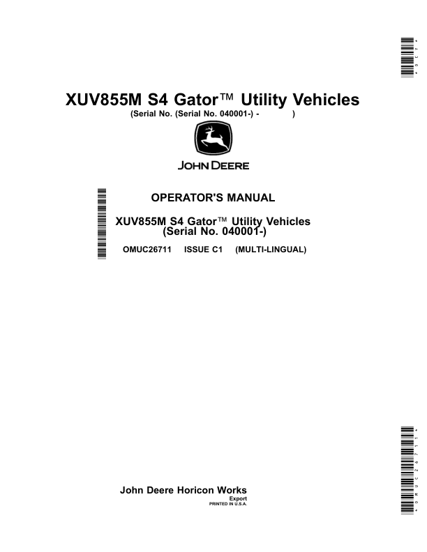 John Deere XUV855M S4 Gator Utility Vehicles (Export)(Serial No. 040001-) Operator's Manual (OMUC26711)