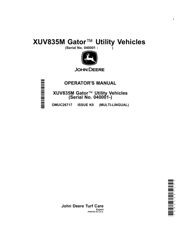 John Deere XUV835M Gator Utility Vehicles (Serial No. 040001-) (Export) Operator's Manual (OMUC26717)