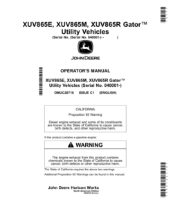 John Deere XUV865E, XUV865M, XUV865R Gator Utility Vehicles (040001-050000) (North American) Operator's Manual (OMUC26718)