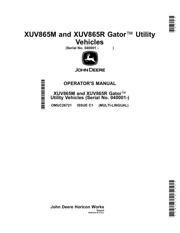 John Deere XUV865M, XUV865R Gator Utility Vehicles (Export) (Serial No. 040001 -) Operator's Manual (OMUC26721)