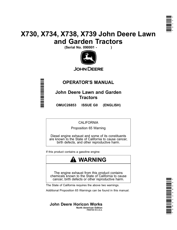 John Deere X730, X734, X738, X739 Lawn, Garden Tractors (090001-) Operator's Manual (OMUC26853)
