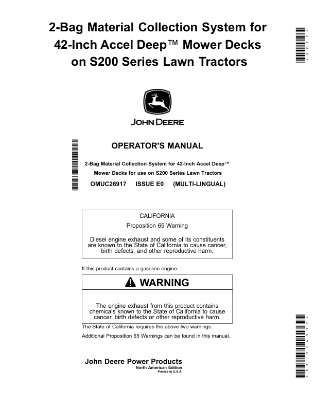 John Deere 2-Bag Material Collection System for 42- Inch Accel Deep Mower Decks on S200 Series Lawn Tractors (North American) Operator's Manual (OMUC26917)