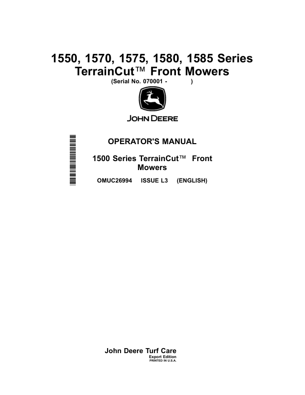 John Deere 1550, 1570, 1575, 1580, 1585 Series TerrainCut Front Mowers (070001-) Operator's Manual (OMUC26994)