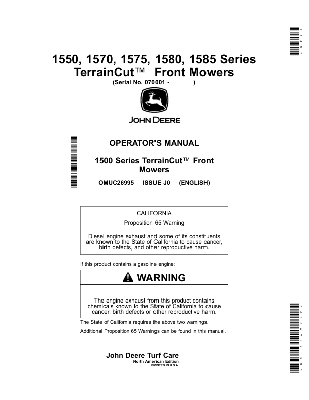 John Deere 1550, 1570, 1575, 1580, 1585 Series TerrainCut Front Mowers (070001-080000) Operator's Manual (OMUC26995E)