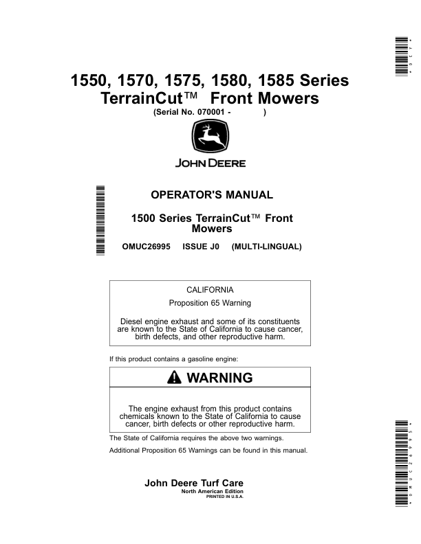 John Deere 1550, 1570, 1575, 1580, 1585 Series TerrainCut Front Mowers (070001-080000),(North American) Multi-Lingual Document: ENG/SPA Operator's Manual (OMUC26995)