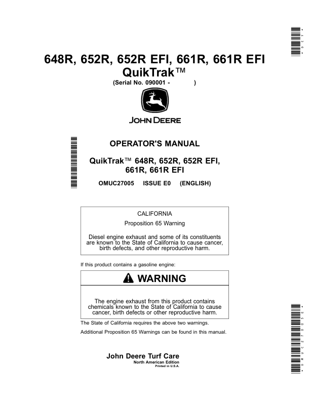 John Deere 648R, 652R, 652R EFI, 661R, 661R EFI QuikTrak (090001-) Operator's Manual (OMUC27005E)