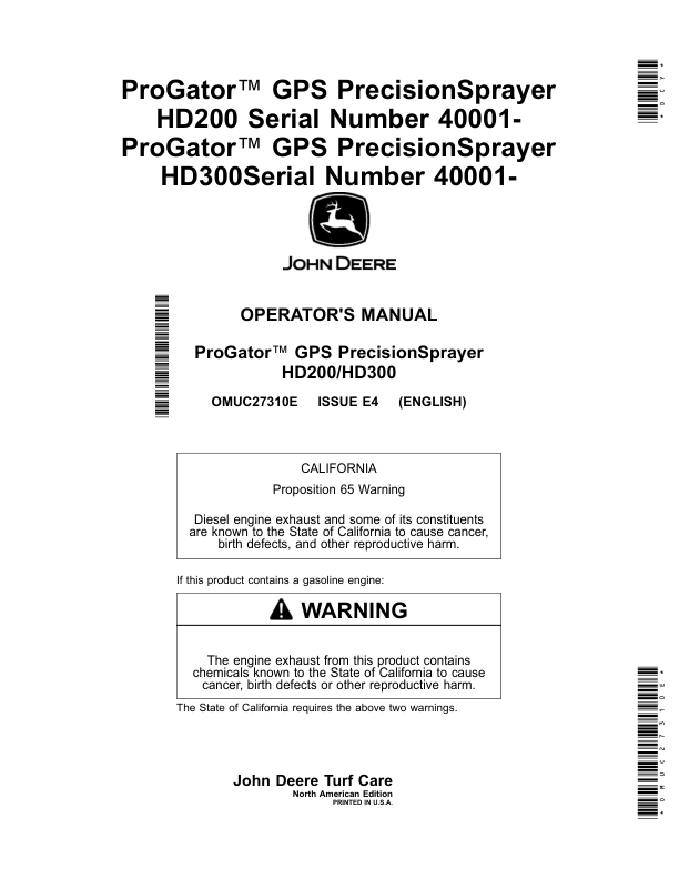 John Deere ProGator GPS PrecisionSprayer HD200/HD300 (040001-) (North America) Operator's Manual (OMUC27310E)