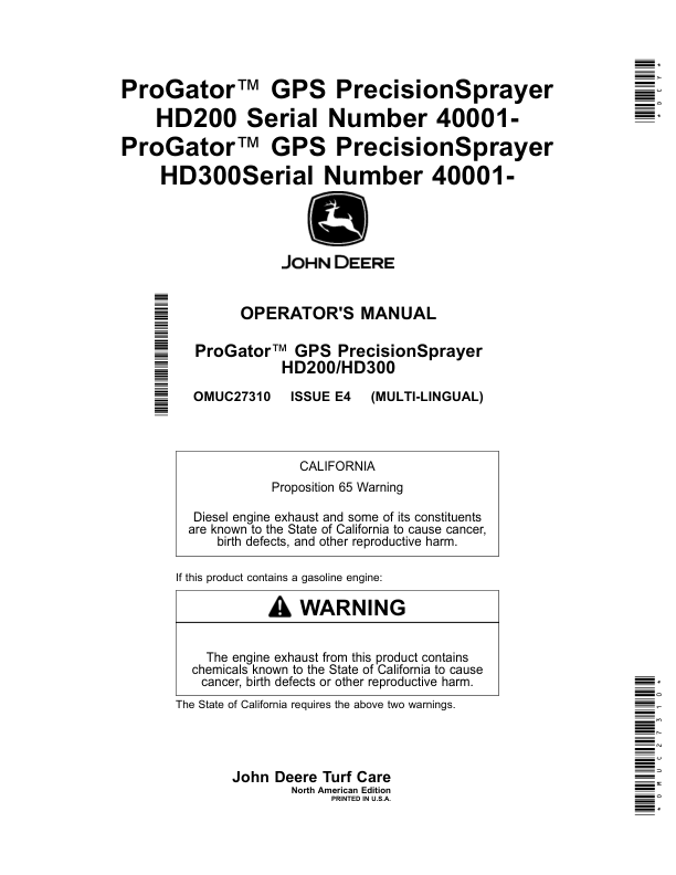 John Deere ProGator GPS PrecisionSprayer HD200/HD300 (040001-) (North America) Operator's Manual (OMUC27310)