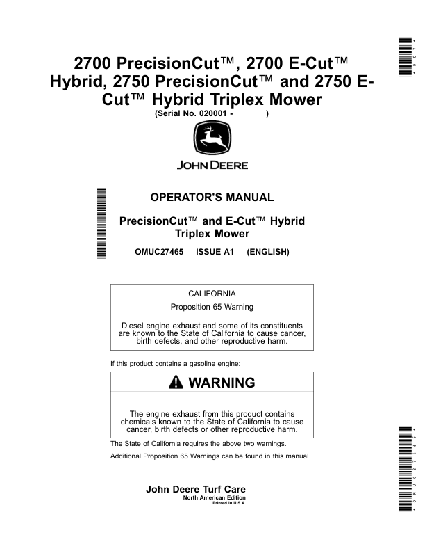 John Deere 2700 PrecisionCut, 2700 E-Cut Hybrid, 2750 PrecisionCut, 2750 E-Cut Hybrid Triplex Mower (North American) Operator's Manual (OMUC27465)