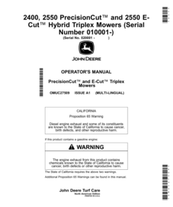 John Deere 2400, 2550 PrecisionCut, 2550 E-Cut Hybrid Triplex Mowers (Serial Number 010001-) (North American) Operator's Manual (OMUC27509)