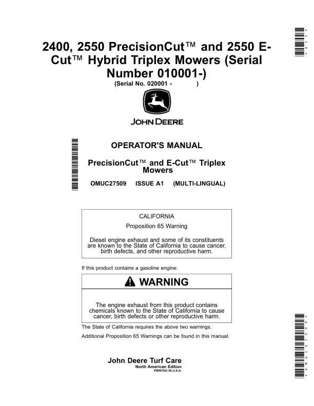John Deere 2400, 2550 PrecisionCut, 2550 E-Cut Hybrid Triplex Mowers (Serial Number 010001-) (North American) Operator's Manual (OMUC27509)